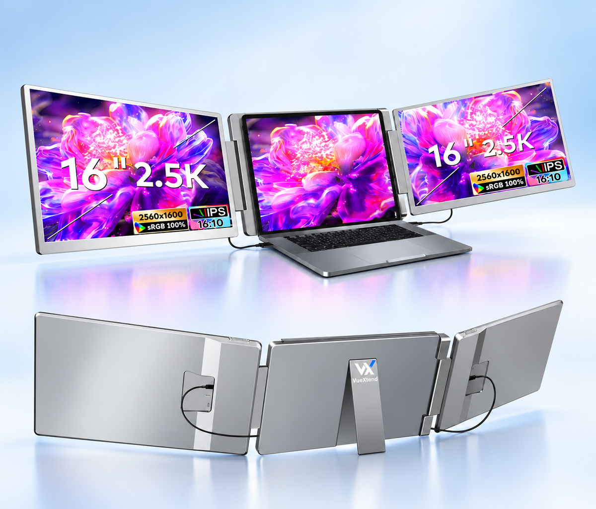 16" 2.5K QHD Laptop Screen Extender with 360-degree rotatable side screens