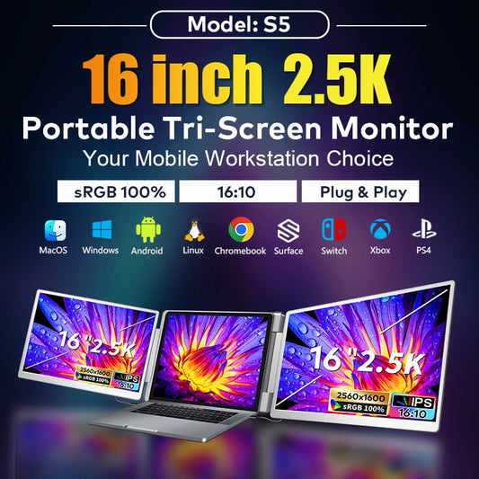 16" 2.5K QHD Laptop Screen Extender with 360-degree rotatable side screens