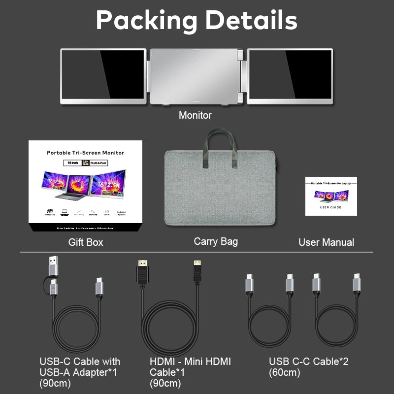 16" 2.5K QHD Laptop Screen Extender with 360-degree rotatable side screens